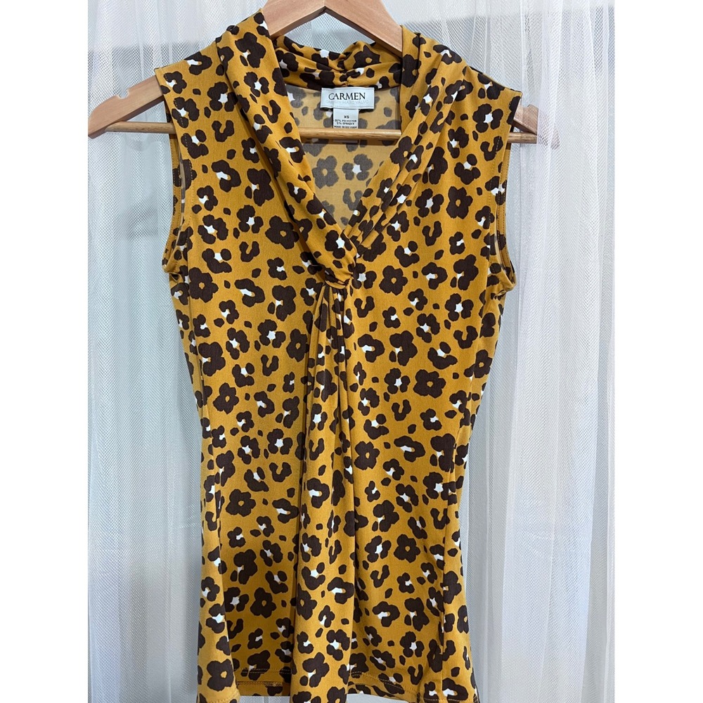 Carmen Marc Valvo Womens Leopard Floral Cowl Neck Sleeveless Top Mustard XS